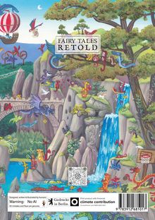 "FAIRY TALES RETOLD" in der Mitte. Bunte Drachen, ein Wasserfall, Brücke, Bäume, Luftschiff und einsetzende Abenddämmerung.