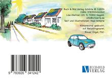 Klimaneutral gedruckt, auf Recyclingpapier, Blauer Engel, FSC. Illustration mit Häusern, Bäumen, Sonne und einem blauen Auto.