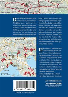 Die südlichen Ausläufer der Alpen... 12 ausführlich beschriebene Motorradrouten... Detaillierte Karte mit roten Routenlinien.