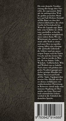 Text über eine deutsche Übersetzung von Gedichten aus dem Werk Rūmīs im 13. Jahrhundert; ISBN am unteren Rand.