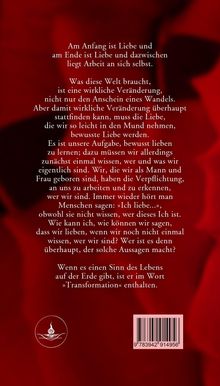 Weißer Text auf rotem Hintergrund über Liebe, Veränderung und Transformation. Unten ein weißes Logo mit einer Flamme.