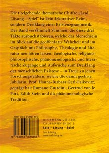 Text: "Leid – Lösung – Spiel" ist eine thematische Chiffre einer Existenzgrammatik, behandelt philosophische und theologische Zugänge. Hintergrund: Gelb-Orange-Töne.