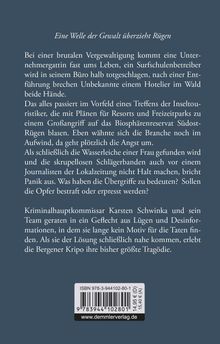 Text: "Eine Welle der Gewalt überzieht Rügen." Krimi über Vergewaltigung und Verbrechen, Ermittlungen von Karsten Schwinka. Darunter ISBN.