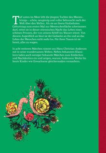 Text beschreibt eine Meerjungfrau und weitere Märchen von Hans Christian Andersen. Eine bunte Illustration von Schnecken und Pflanzen.