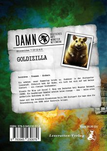 "Aktenzeichen 7-15-12-4-9 GOLDIZILLA. Zerstören - Fressen - Erobern." Ein Hamsterbild über buntem Hintergrund.