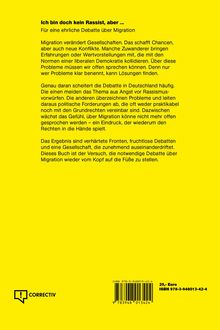 Gelbe Buchrückseite: Titel "Ich bin doch kein Rassist, aber ...", Diskussion über Migration. Logo unten, Preisangabe rechts.