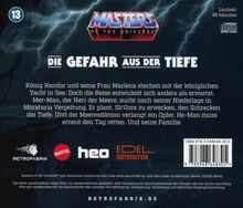 „MASTERS OF THE UNIVERSE: DIE GEFAHR AUS DER TIEFE“, Text über König Randor, Mer-Man und He-Man. Logos unten.
