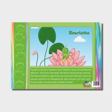 Text: Henrietta. Feodora und Gino möchten ihren Müttern einen Strauß Blumen pflücken. Sie lernen Henrietta, die kleine Heuschrecke, kennen.

Illustration: Eine grüne Heuschrecke sitzt auf einer rosa Blume vor blauem Himmel. Links Pfotenabdrücke auf grünem Hintergrund.