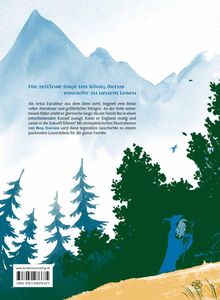 Text: "Die zeitlose Sage um König Artus erwacht zu neuem Leben." Illustration von Wald und Bergen mit Mensch und Vogel.