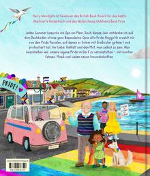 Text: Gewinner des British Book Award, Waterstones Children's Book Prize. Szene: Küstendorf, Menschen mit Pride-Fahnen.
