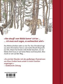 »Von draußen’ vom Walde komm’ ich her … … ich muss euch sagen, es weihnachtet sehr!« Ein Wolf steht in einem winterlichen Wald.