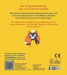 Eine witzige Geschichte über eine unerwartete Freundschaft. Katze mit Kochmütze und Maus im Vordergrund. Illustration.