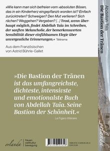 Zitat über emotionales Buch von Abdellah Taïa. Grün-brauner Hintergrund. Vertikaler Titel: "Die Bastion der Tränen".