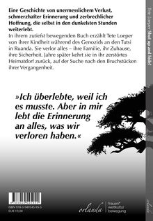 Texte: „Eine Geschichte von unermesslichem Verlust...“, Zitat: „Ich überlebte, weil ich es musste...“. Illustration: Baum vor grauem Hintergrund.