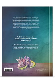 Ein schlafender Drache mit Einhorn-Merkmalen liegt auf einer lilafarbenen Fläche vor einem blaugrünen Hintergrund.