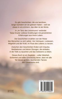 Text beschreibt ein Buch, das Geschichten über die Reise des Menschen und Meditationen bietet. Blauer und brauner Hintergrund.