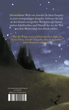 Text über das Werk von Antoine de Saint-Exupéry und ein Zitat des kleinen Prinzen. Hintergrund: sternenklare Nacht.