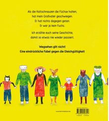 Text: Geschichte über Gleichgültigkeit und Verantwortung. Illustrationen verschiedener Tiere in Kleidung, Hand in Hand.