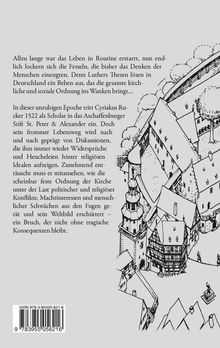 Text über Cyriakus Ruckers Lebensweg und Herausforderungen der Kirche, daneben eine schwarz-weiße Illustration einer mittelalterlichen Stadt.
