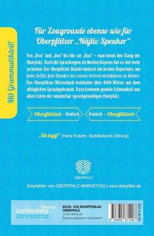 Ein blaues Design mit gelbem Seitenstreifen. Oben steht: "Für Zougroasde ebenso wie für Oberpfälzer 'Näjtiv Speaker'".