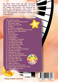 Illustration eines Klavierbuchs mit buntem Layout und einer Liste von 30 Kinderliedern. Enthält auch ein Kinderlieder-Logo.