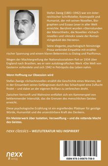 Text über Stefan Zweig und seine Werke, insbesondere "Schachnovelle". Bild von Zweig. Logo des nexx Verlags.