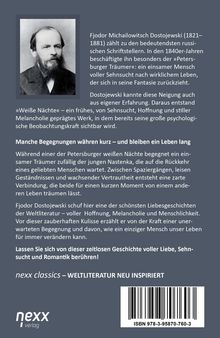ISBN 978-3-95870-760-3. Text über Dostojewski und sein Werk "Weiße Nächte". Bild von Dostojewski links. "nexx verlag" Logo unten.