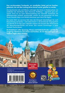 Text über verschwundene Taschenuhr und Abenteuer. Illustration von Gebäuden, Löwenstatue, Kind mit Biber und "Biber & Butzemann" Logo.