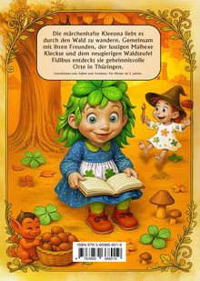 Ein märchenhaftes Mädchen mit Blättern im Haar liest ein Buch, umgeben von fröhlichen Charakteren im Wald.