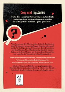 Cozy und mysteriös. Stelle dein logisches Denkvermögen auf die Probe. Illustration mit Lupe und rotem Fragezeichen.