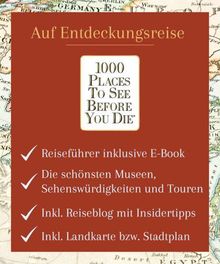 Text: "Auf Entdeckungsreise. 1000 Places To See Before You Die. Reiseführer inklusive E-Book. Die schönsten Museen, Sehenswürdigkeiten und Touren. Inkl. Reiseblog mit Insidertipps. Inkl. Landkarte bzw. Stadtplan." Hintergrund zeigt Kartenausschnitt.