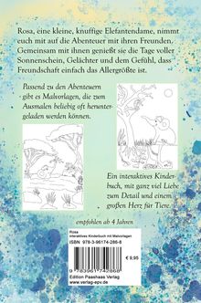 Texte über "Rosa" das Elefantenabenteuer. Malvorlagen und Details. ISBN und Preis erwähnt. Hintergrund blauer Spritzereffekt.