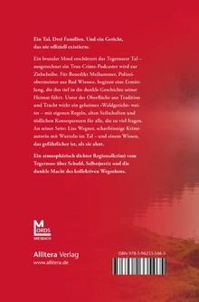 Ein roter Hintergrund mit weißem Text beschreibt einen spannenden Regional-Krimi vom Tegernsee, über Schuld und Geheimgerichte. Links unten ist ein Logo mit "MORDS" und "MIESBACH", daneben "Allitera Verlag" und eine Webseite. Rechts unten eine ISBN-Nummer und ein Barcode.