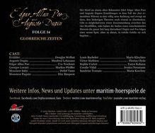 Es handelt sich um ein Cover. Oben steht: "Edgar Allan Poe und Auguste Dupin, Folge 34, Glorreiche Zeiten". Links ist die Cast-Liste, rechts ein kurzer Text über den Inhalt. Unten gibt es Infos zu weiteren Updates bei maritim-hoerspiele.de.