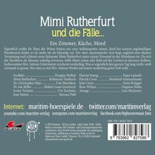 "Mimi Rutherfurt und die Fälle: Ein Zimmer, Küche, Mord" - Hörspielbesetzung und Internetlinks. Grauer Hintergrund mit Logos.