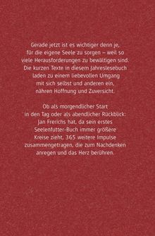 Text über eigene Seele sorgen; Jahreslesebuch bietet Hoffnung und Zuversicht; 365 Impulse von Jan Frerichs. Hintergrund rot.