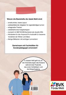Warum die Basishefte ideal sind: Strukturiert, alltagsnah, mit METACOM-Symbolen. Entwicklung mit Fachkräften. Unten zwei Figuren.