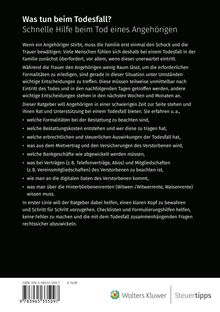 Text: "Was tun beim Todesfall? Schnelle Hilfe beim Tod eines Angehörigen". Beschreibung von Formalitäten und Unterstützung. Unten: ISBN 9783965335097, Preis 19,99 €. Wolters Kluwer, Steuertipps-Logo.