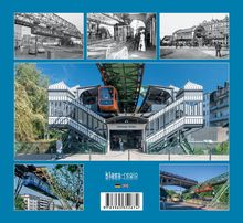 "Völklinger Straße" zeigt einen modernen Bahnhof mit Hängebahn, umgeben von historischen Bildern und einer blauen Umrandung.