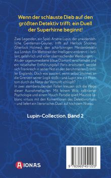 Ein gelber Text auf blauem Hintergrund kündigt ein Duell zwischen Arsène Lupin und Herlock Sholmes an. Unten steht "Lupin-Collection, Band 2". Ein Logo mit einem roten A befindet sich links unten.