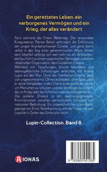 Titeltext: „Ein gerettetes Leben, ein verborgenes Vermögen und ein Krieg, der alles verändert“. Darunter: eine Synopsis eines Buches mit dem Schauplatz Paris während des Ersten Weltkriegs. Unten steht „Lupin-Collection, Band 8“. Rechts unten ist ein Barcode, links ein rotes Logo mit „AIONAS“. Hintergrund in Blau.