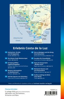 Titel: Erlebnis Costa de la Luz. Beschrieben sind Sehenswürdigkeiten wie Sevilla, Cádiz und Jerez. Oben: Karte Südspanien.