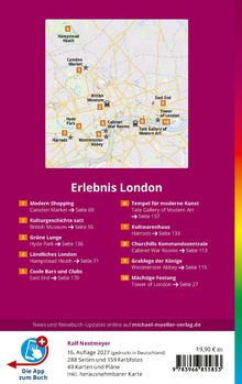 "Erlebnis London" mit zehn Orten wie Camden Market und Tower of London, jedes mit Seitenzahl angegeben. Karte illustriert.