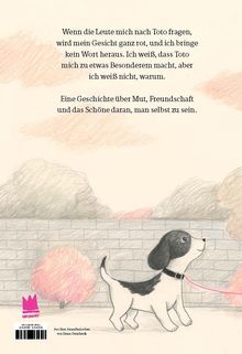 Text beschreibt die Verlegenheit des Erzählers über Toto. Unten sieht man eine Zeichnung eines Hundes an der Leine.