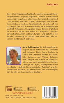 Text über ein Essay zu Migration, persönliche Erfahrungen und Integration. Unten ein Porträtfoto von Anna Bakinovskaia.