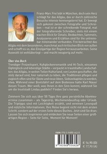 Ein Porträt eines älteren Mannes mit weißem Bart und T-Shirt. Text beschreibt ihn als Franz-Marc Frei, einen Fotografen und Autor, der in München lebt und sich für das Allgäu begeistert. Weitere Infos über ein Buch, Freizeitaktivitäten im Allgäu, ISBN und Preise.