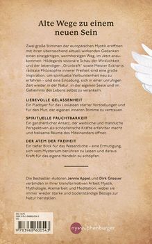 Buchrückseite: "Alte Wege zu einem neuen Sein". Autoren: Jennie Appel, Dirk Grosser. Thema: Mystik, Freiheit, Naturverbindung. Logo unten.