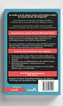Texte über schlechte Gewohnheiten ändern. Rotes Textfeld mit dem Titel "Kein Perfektionsprogramm. Kein Druck." Unterer Bereich mit Logos.