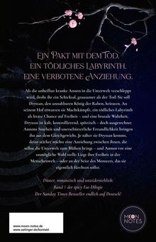 Logo mit "MOON NOTES". Rosa Blumen und Äste auf dunklem Hintergrund. Texte: "Ein Pakt mit dem Tod...", Details zur Handlung.