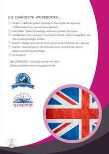 Die ORÄNDSCH WORKBOOKS fördern den Englisch-Einstieg, ab Klasse 5, mit Dyslexia Quality Award. Union Jack im Kreis, zwei Logos.